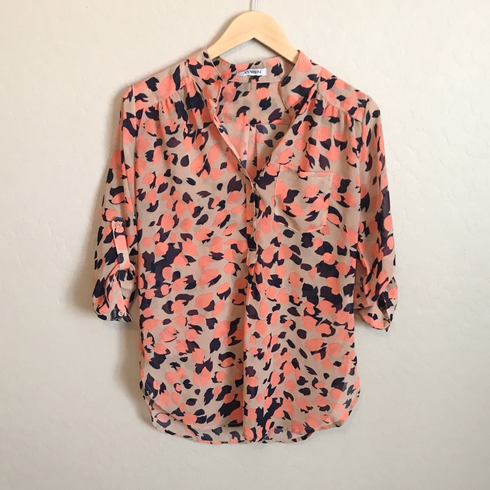 Casual Tan Blouse with Rolled Sleeves and Pocket